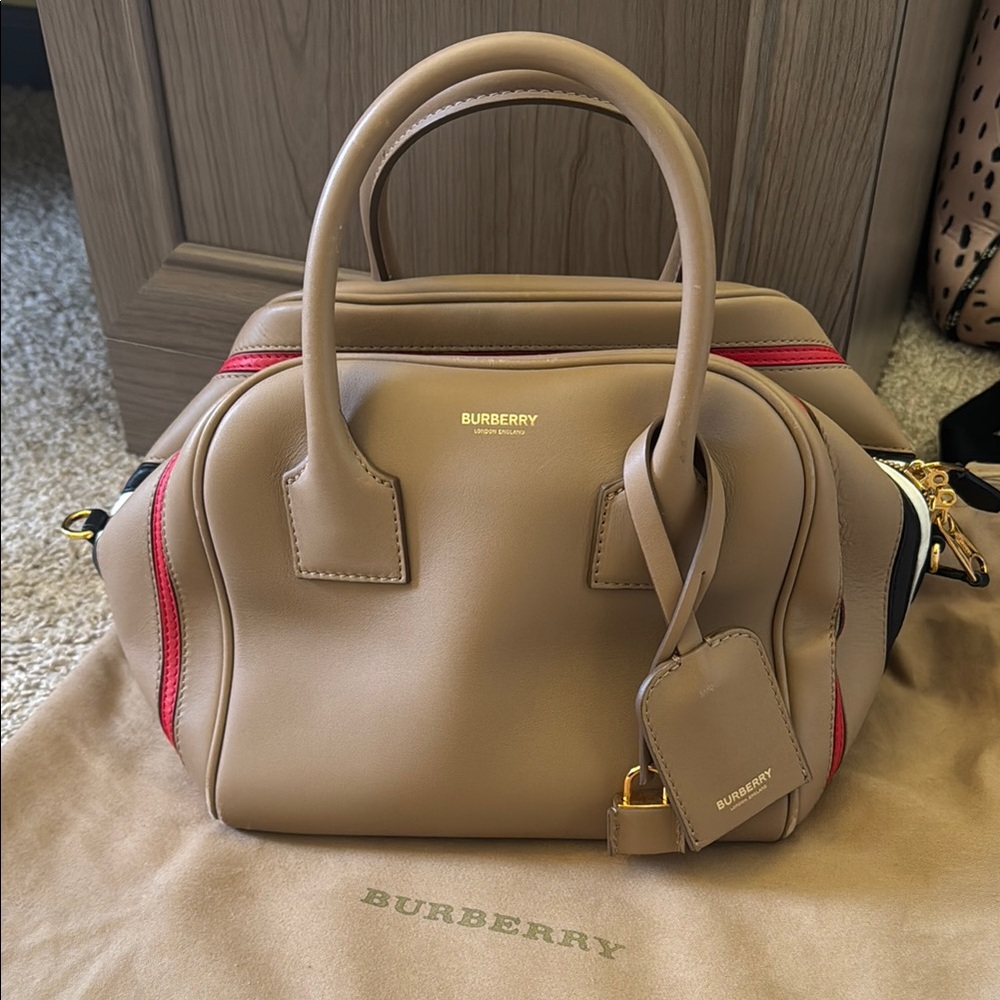 Burberry Tan Leather Cube Bag with Signature Design